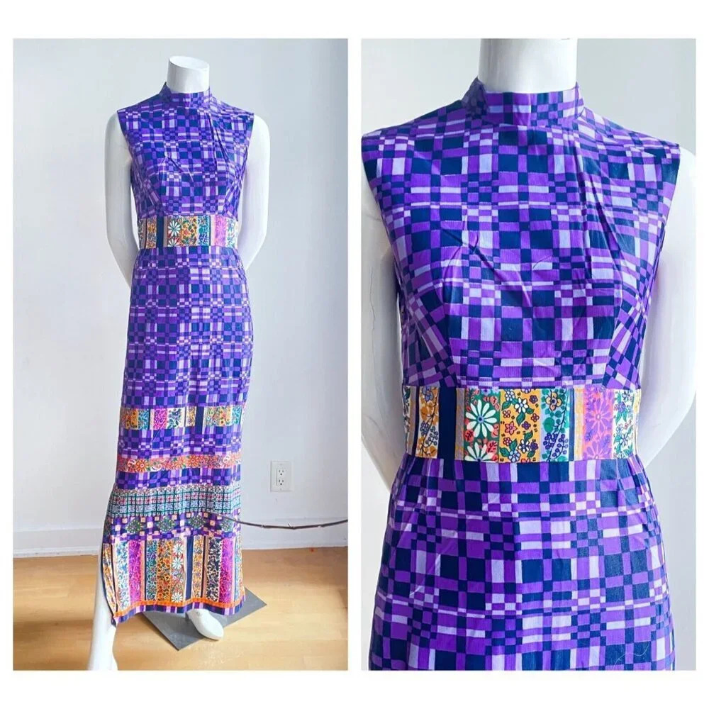 Vintage Boho Purple Floral Mandarin Collar Sleeveless Maxi Dress  S